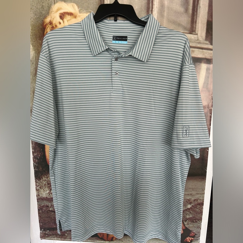 Men’s PGA Tour athletic fit golf shirt. Green w/ white stripes. Size XXL. EUC!